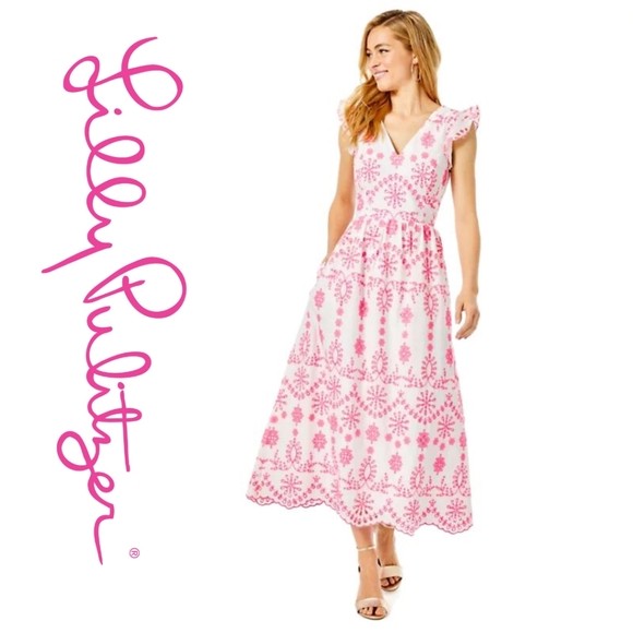 Lilly Pulitzer Dresses & Skirts - Lilly Pulitzer Lillyanne Midi Dress Karmic Coral Neon Cotton Engineered Eyelet